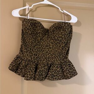 Leopard Print Strapless Peplum Blouse